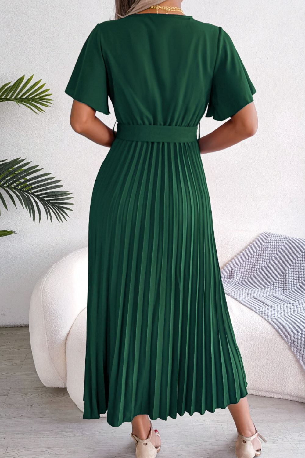 Pleated Flutter Sleeve Belted Dress (2)