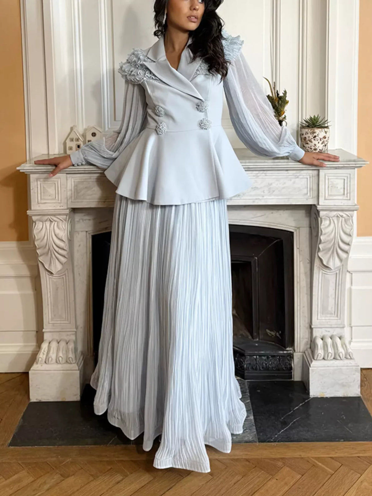 Frill Lapel Collar Top Pleated Skirt Set