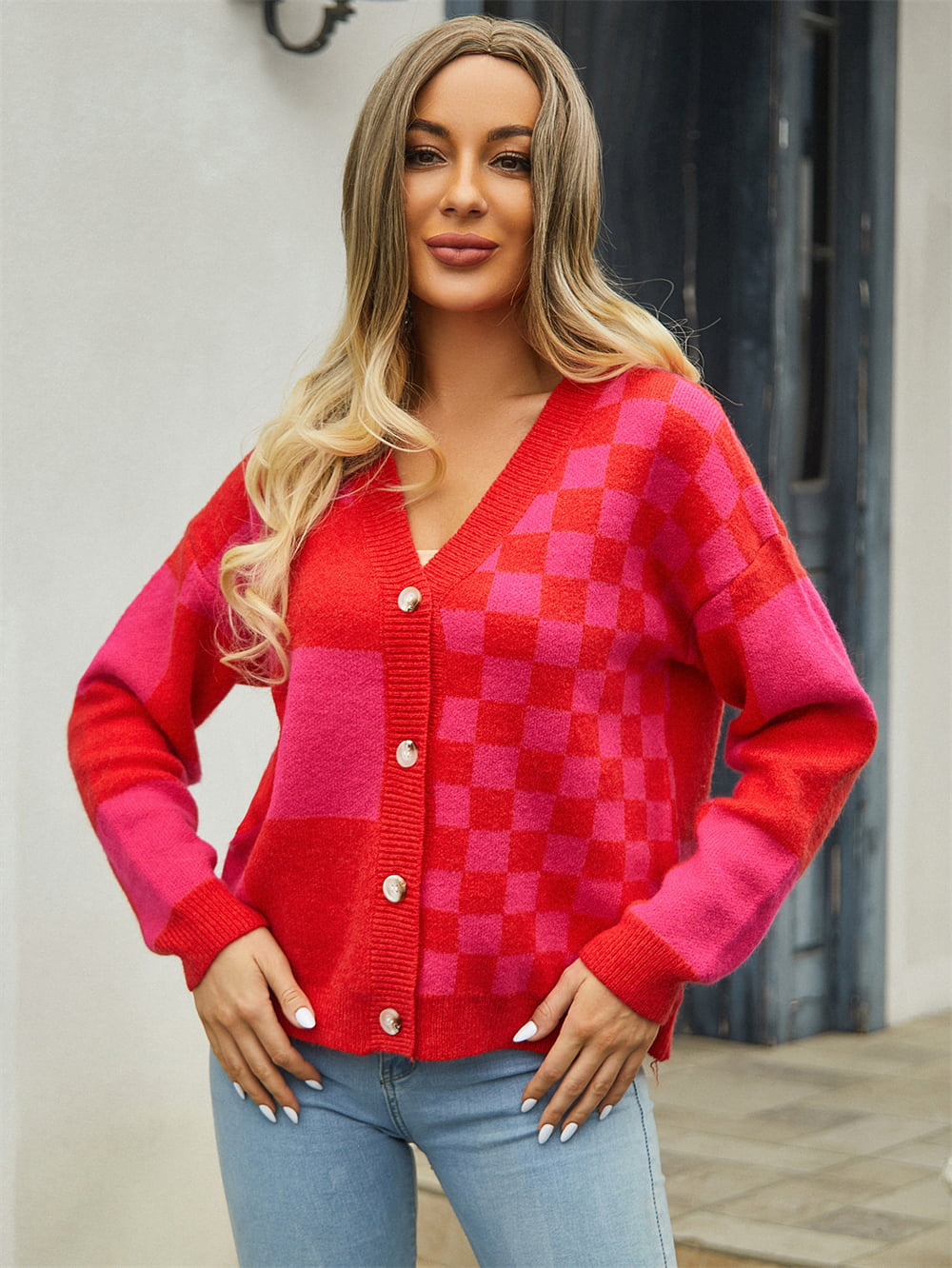 Plaid V-neck Dropped Shoulder Cardigan (4)