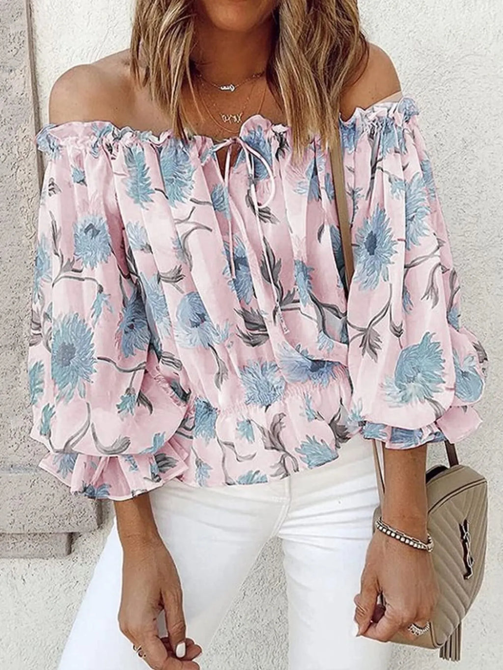 Off-shoulder Floral Print Blouse (5)