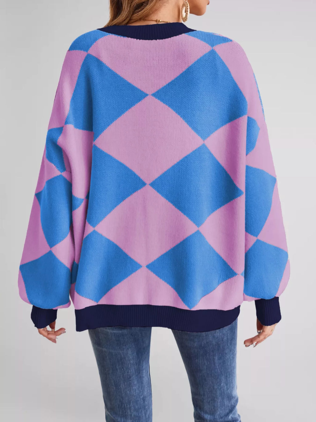 Diamond Pattern Button-up Knit Cardigan (9)