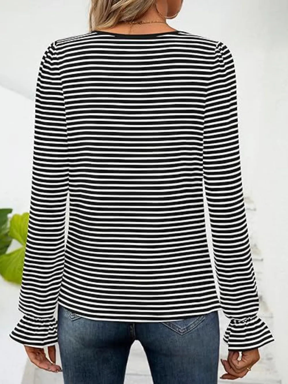 Striped Square Neck Flounce Sleeve Top (19)