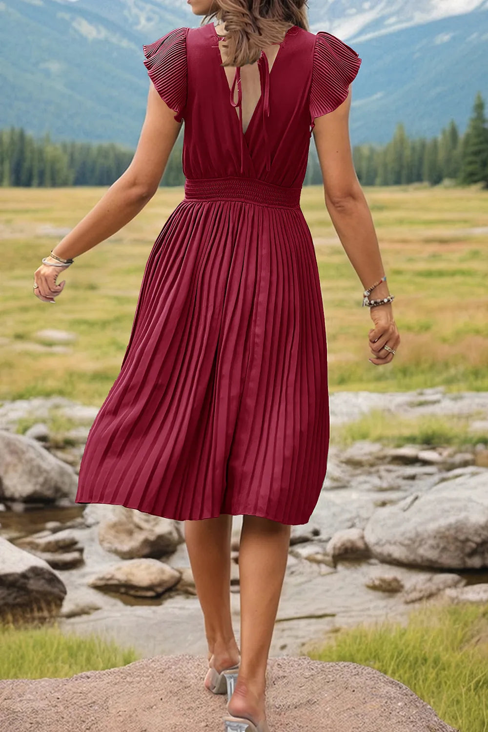 Tied Smocked Waist Flutter Sleeve Dress (8)