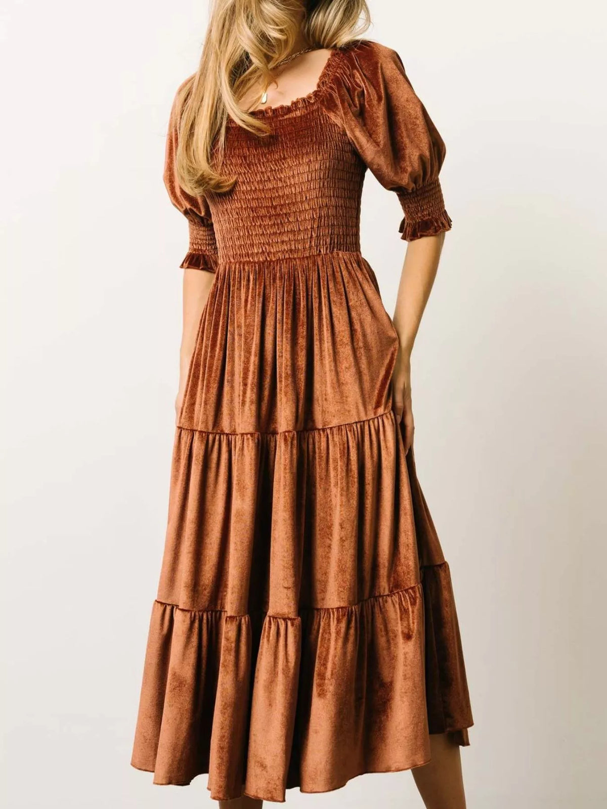 Velvet Smocked Tiered Midi Dress (5)