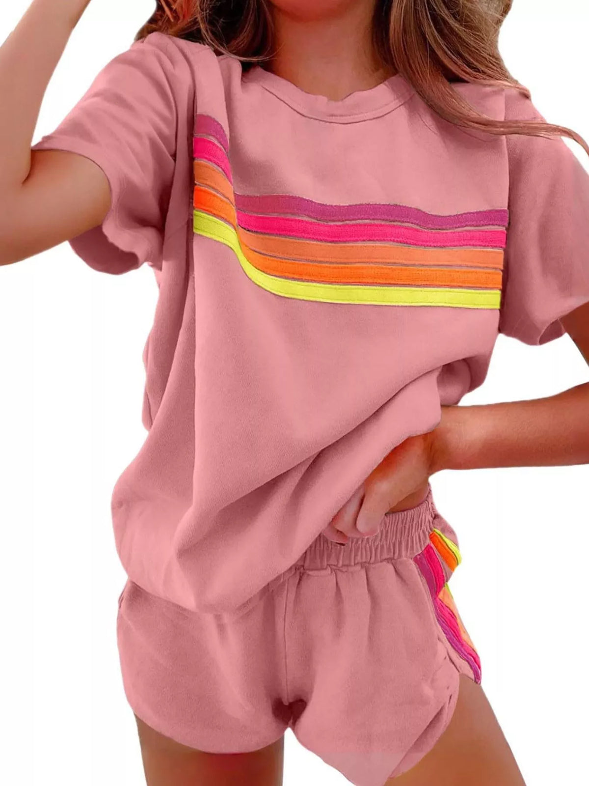 Rainbow Striped Round Neck Top Shorts Set (16)