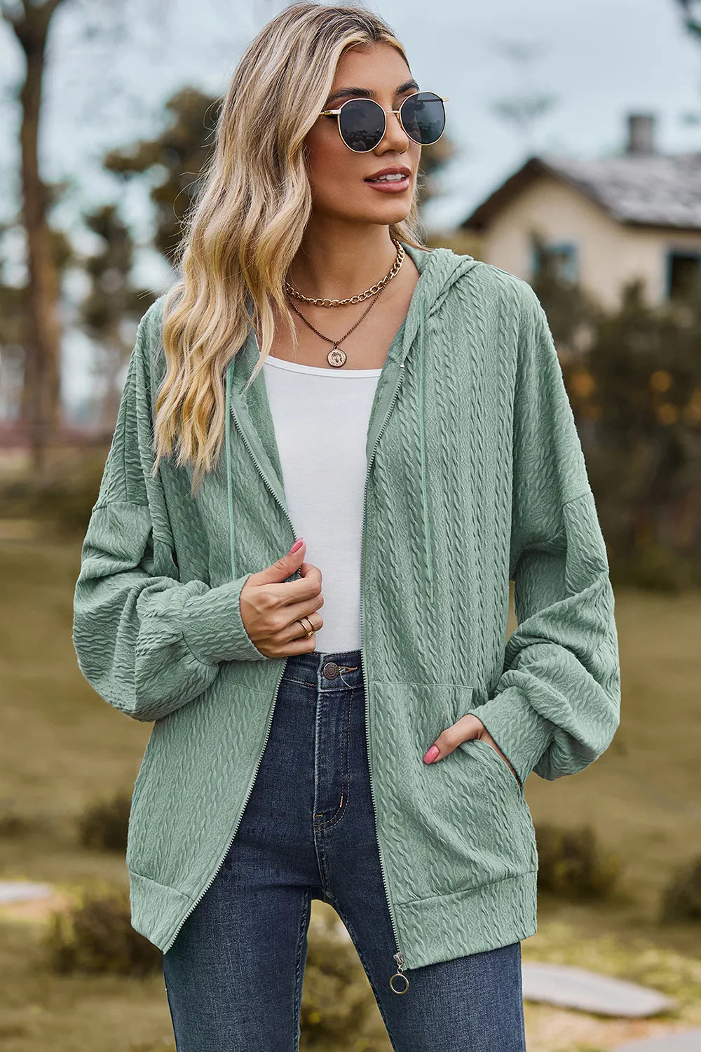 Drawstring Zip Up Dropped Shoulder Hoodie (26)