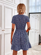 Printed Ruffled Hem V-neck Short Sleeve Mini Dress (18)