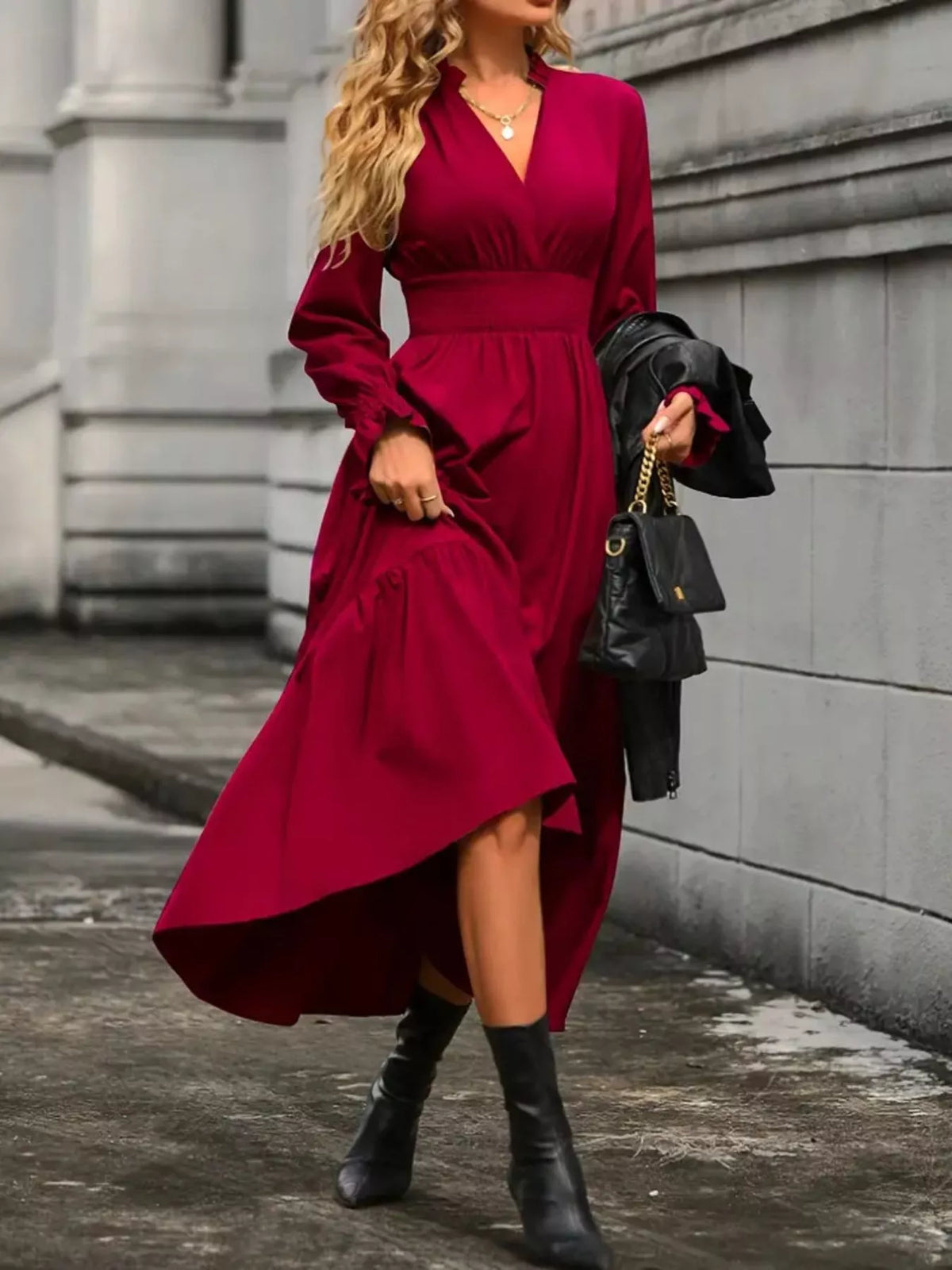Surplice Long Sleeve Tiered Midi Dress (4)