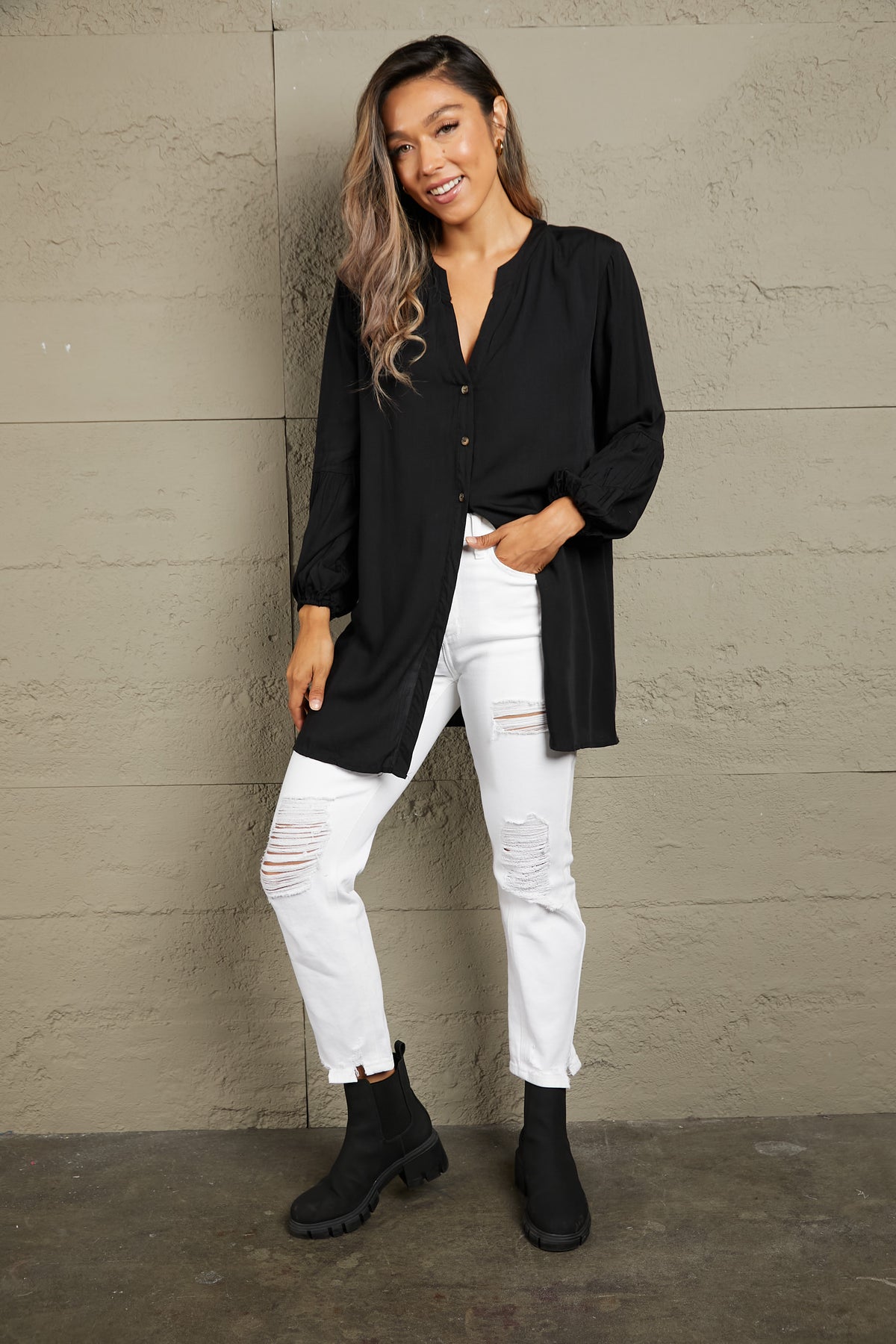 Notched Neck Balloon Sleeve Shirt (5)
