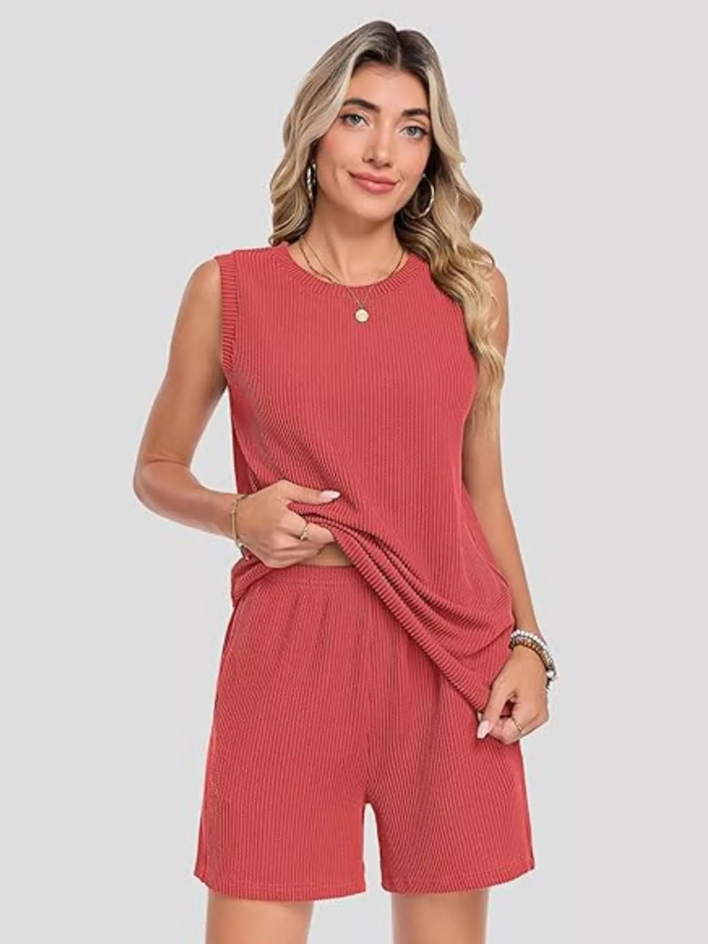 Casual Ribbed Knit Sleeveless Top Shorts Set (2)