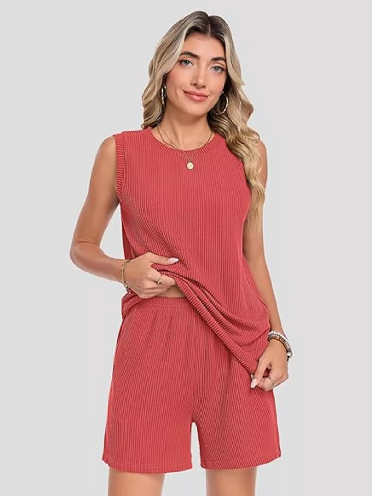 Casual Ribbed Knit Sleeveless Top Shorts Set (2)