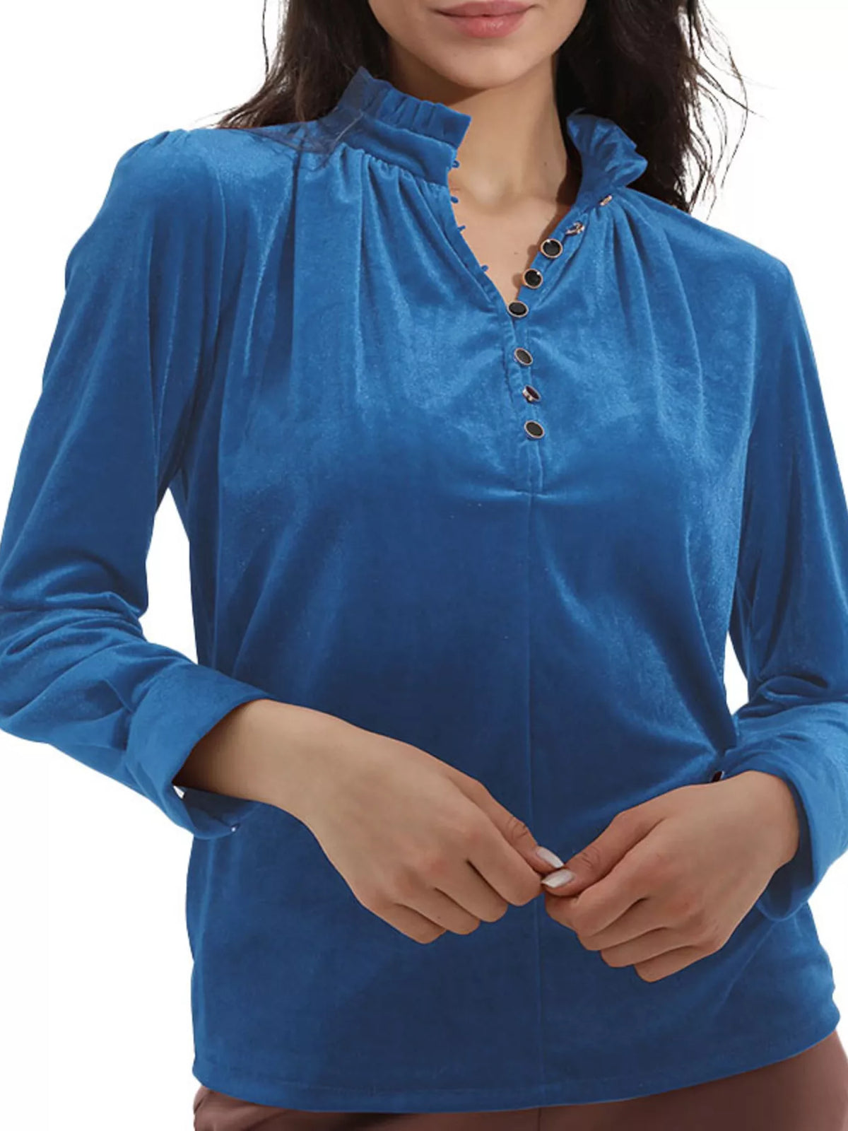 Elegant Velvet Ruffle Neck Blouse (6)