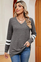 Striped V-neck Long Sleeve T-shirt (26)