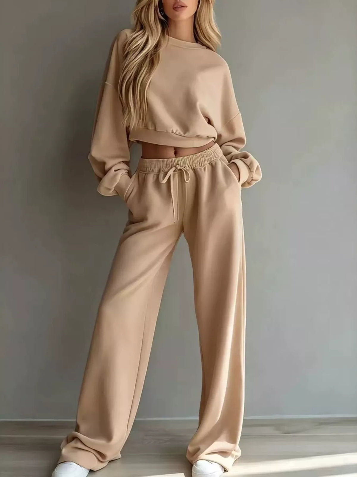 Round Neck Cropped Sweatshirt Wide-leg Pants Set (13)