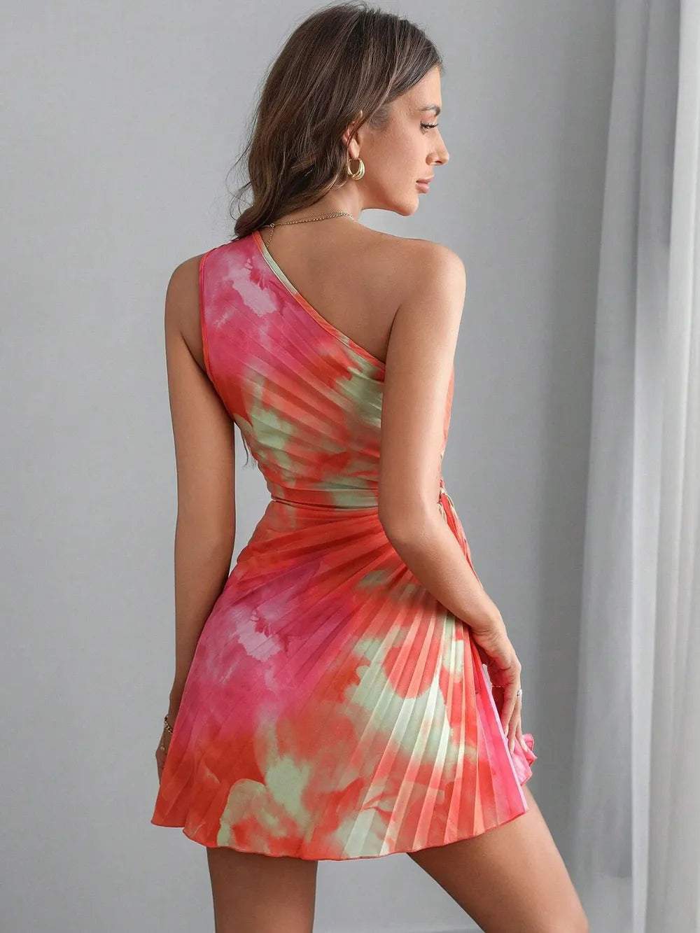 Cutout Drawstring Pleated Tie-dye Sleeveless Mini Dress (8)