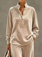 Full Size Half Button Top Wide Leg Pants Set Plus (8)