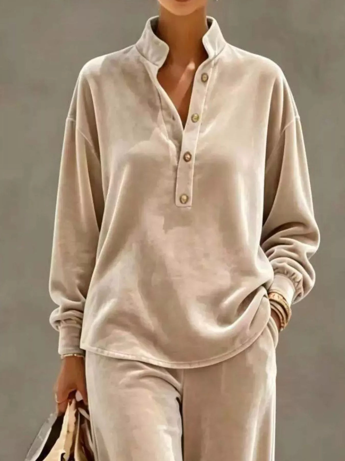 Full Size Half Button Top Wide Leg Pants Set Plus (8)