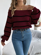 Striped Off-shoulder Long Sleeve Sweater (11)
