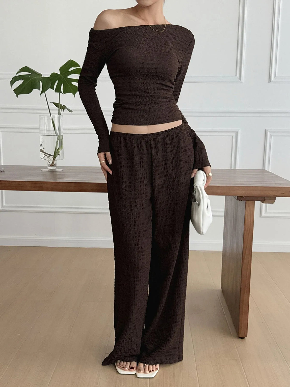 One Shoulder Long Sleeve Top Pants Set (14)