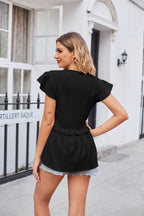 Buttoned V-neck Ruffle Trim Top (20)