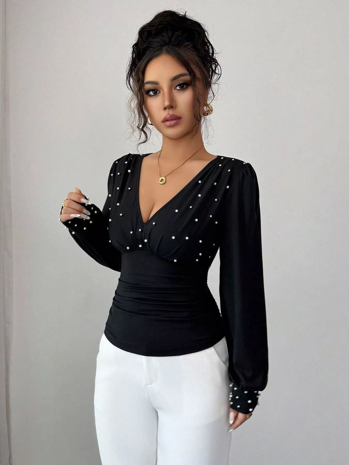 Pearl Embellished V-neck Blouse (8)