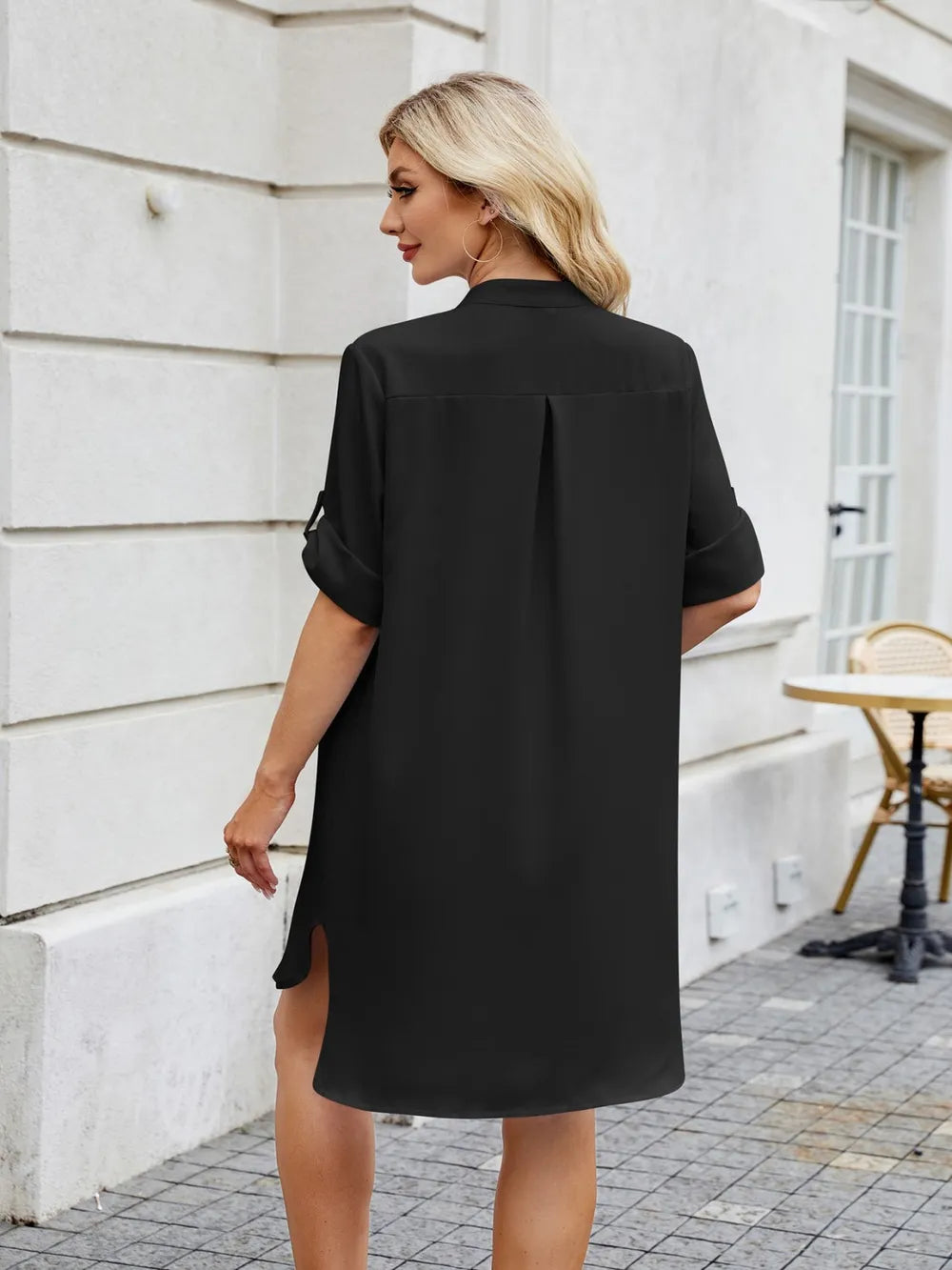 Notched Long Sleeve Mini Shirt Dress (10)