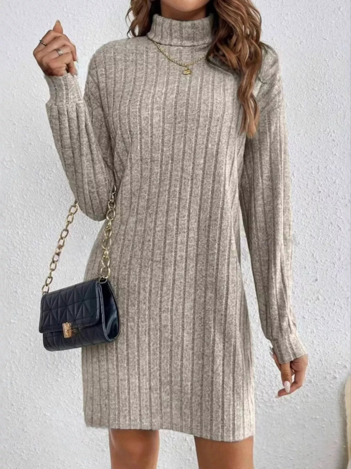 Casual Ribbed Turtleneck Long Sleeve Mini Dress (3)