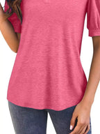 Puff Sleeve Notched Casual T-shirt (15)