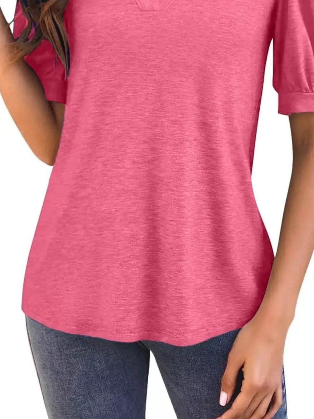 Puff Sleeve Notched Casual T-shirt (15)