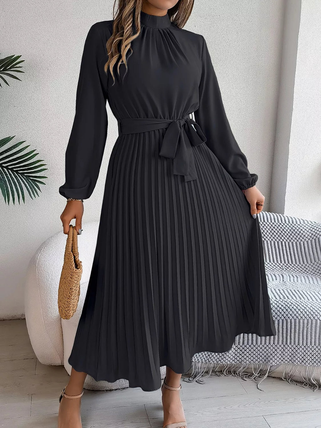 Mock Neck Pleated Midi Dress (22)
