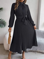 Mock Neck Pleated Midi Dress (22)