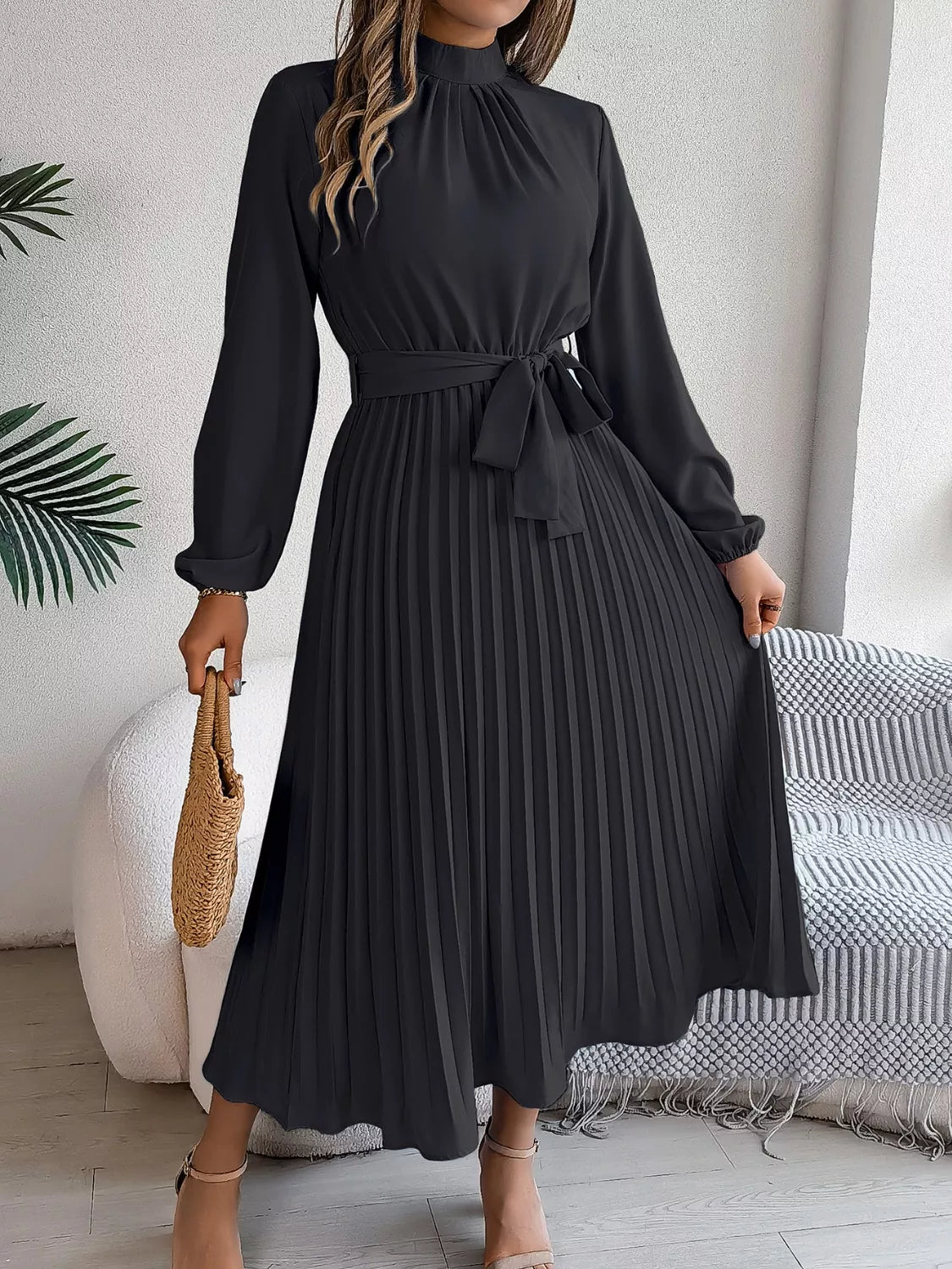 Mock Neck Pleated Midi Dress (22)