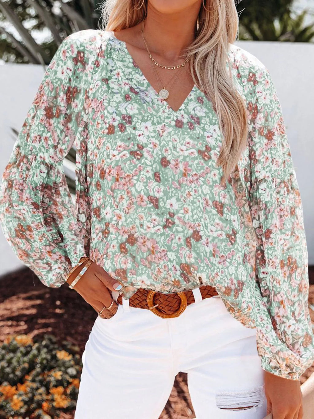 Full Size Floral Print V-neck Long Sleeve Blouse Plus