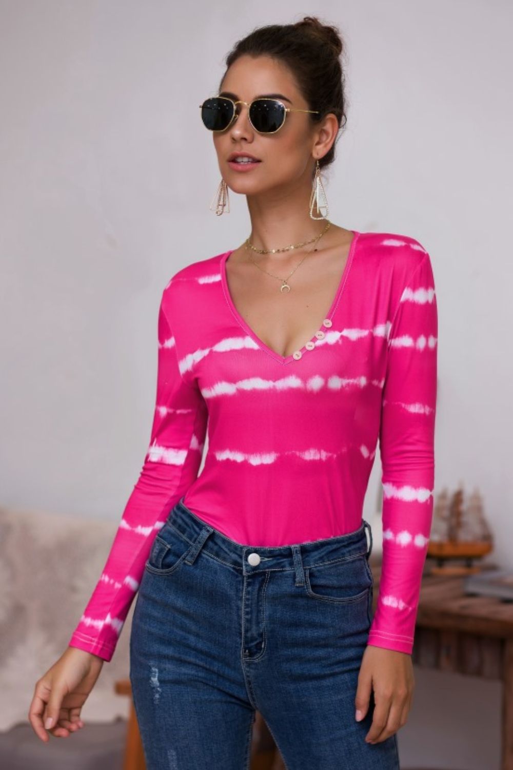Tie-dye Plunge Long Sleeve Top (6)