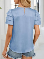 Smocked Round Neck Ruffled Layered Sleeve Blouse (2)