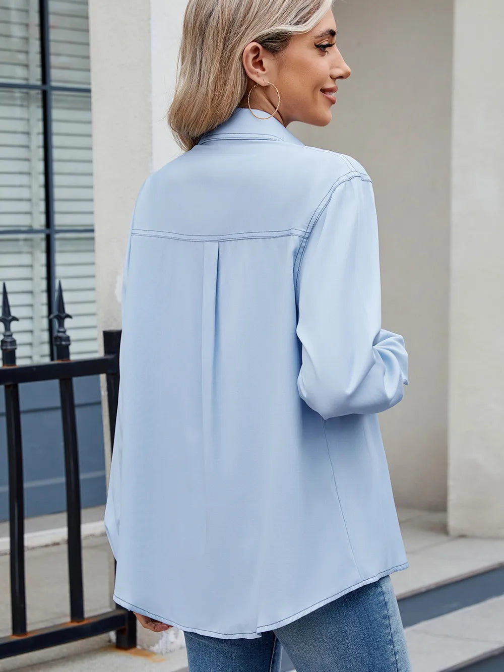 Solid Color Collared Neck Long Sleeve Shirt (17)