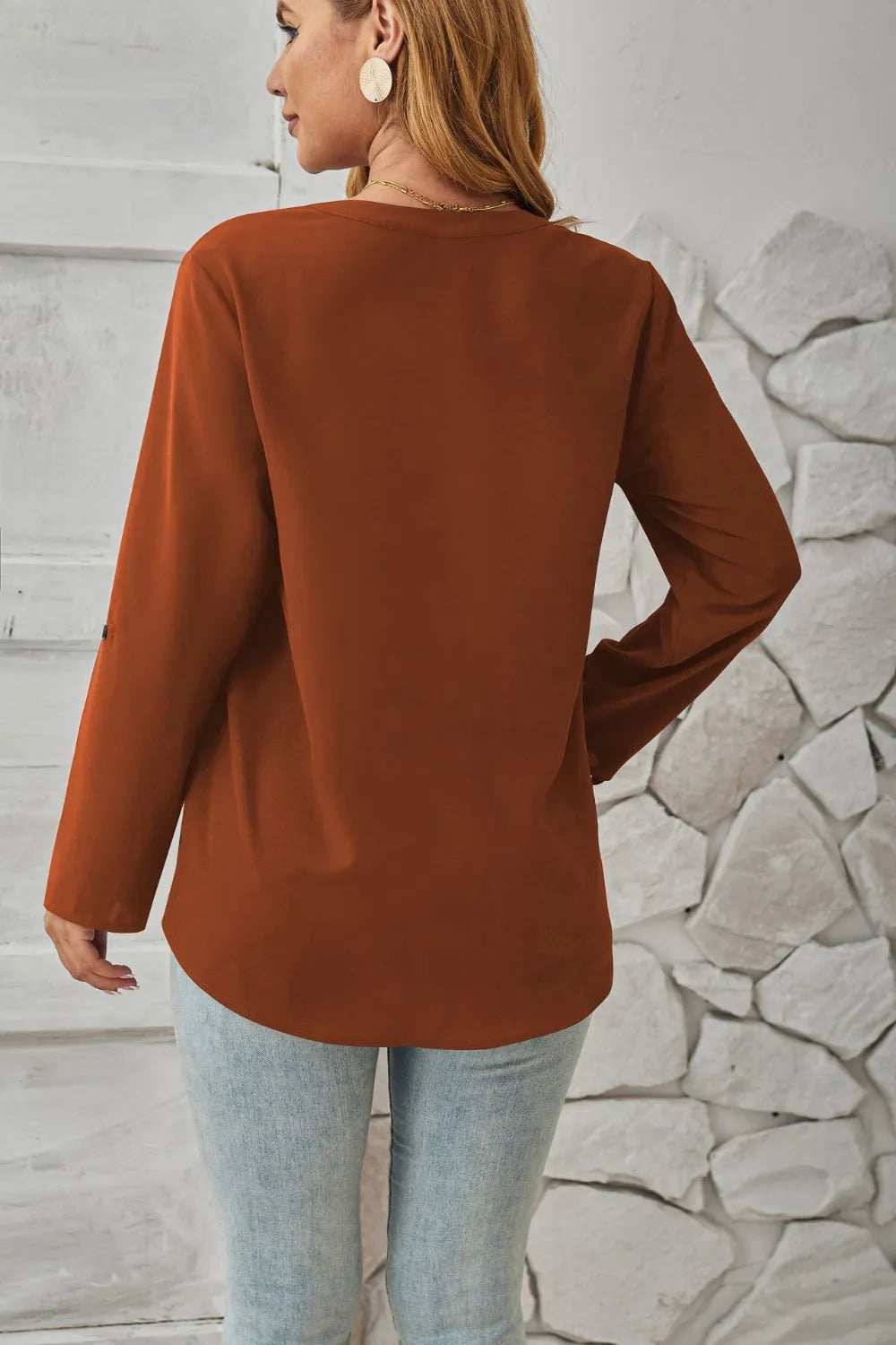 Decorative Button Notched Long Sleeve Blouse (12)