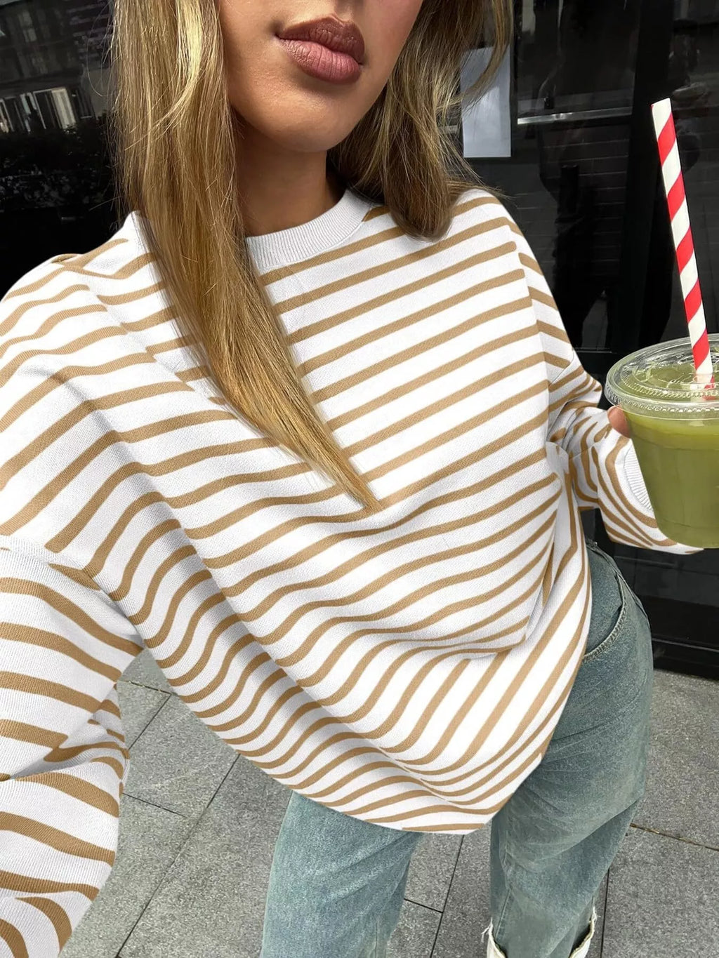 Striped Round Neck Oversized Casual Sweatshirt (24)