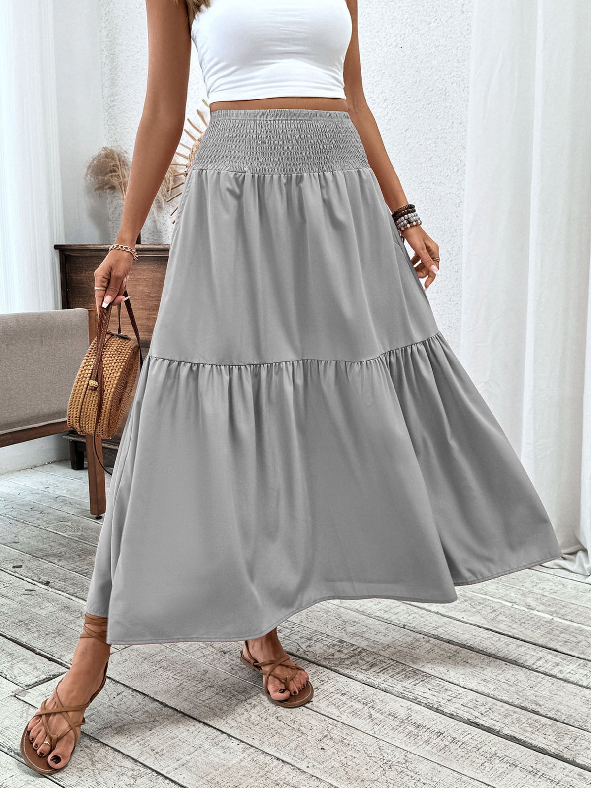 Smocked Waist Tiered Skirt (8)