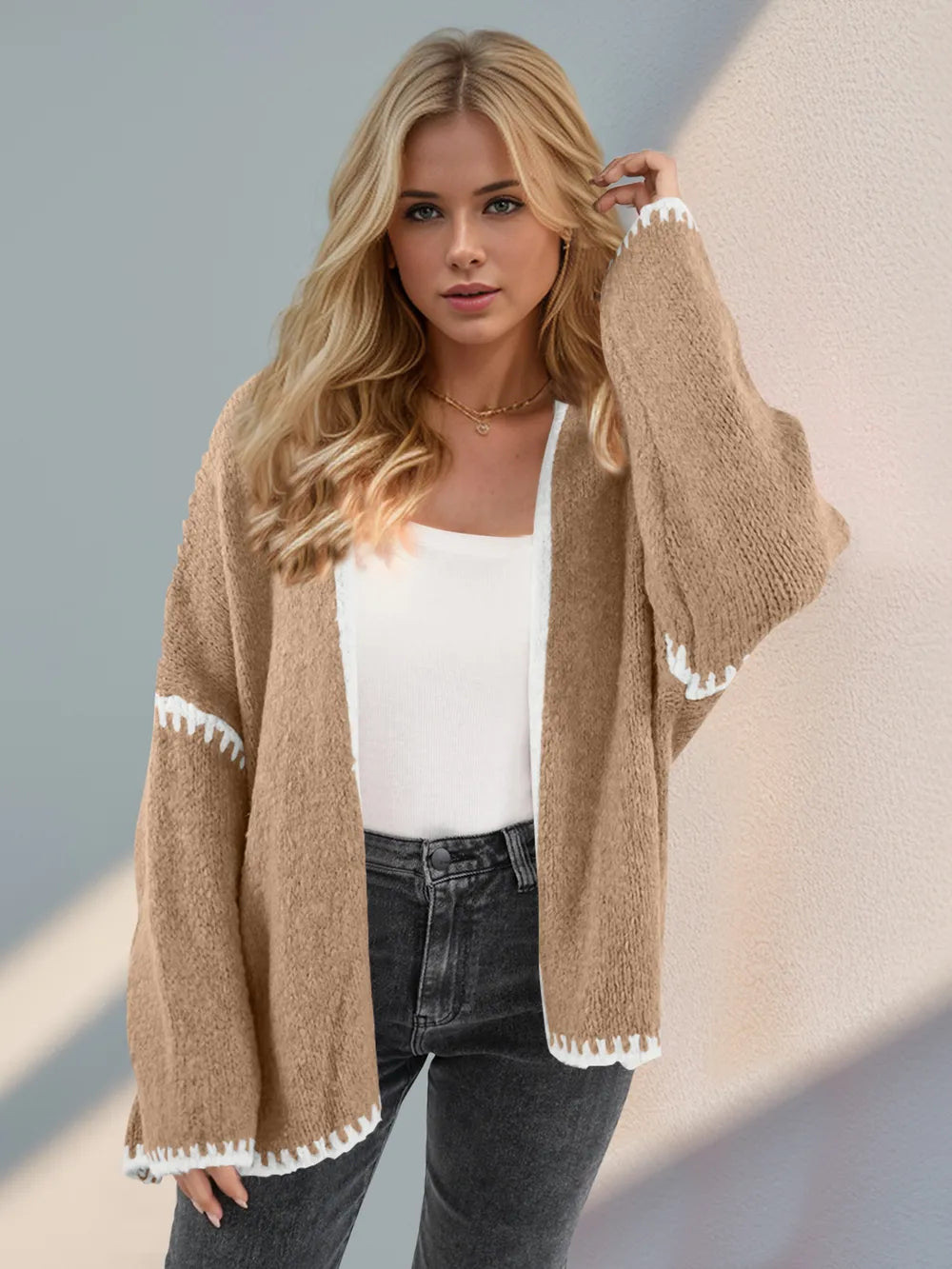 Contrast Open Front Dropped Shoulder Cardigan (2)