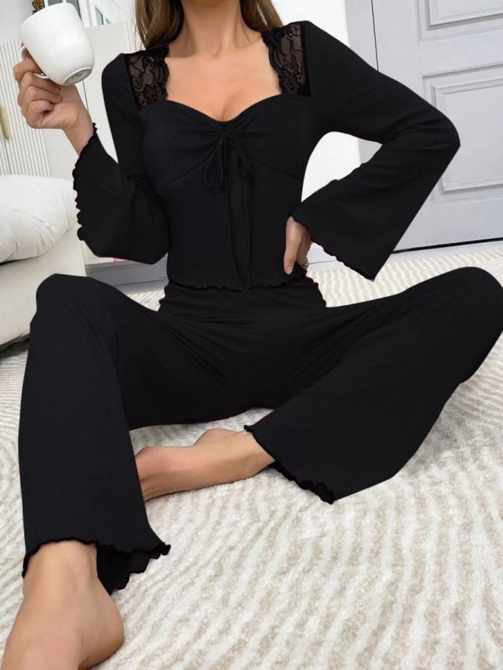 Lace Detail Flare Sleeves Top Pants Lounge Set (6)