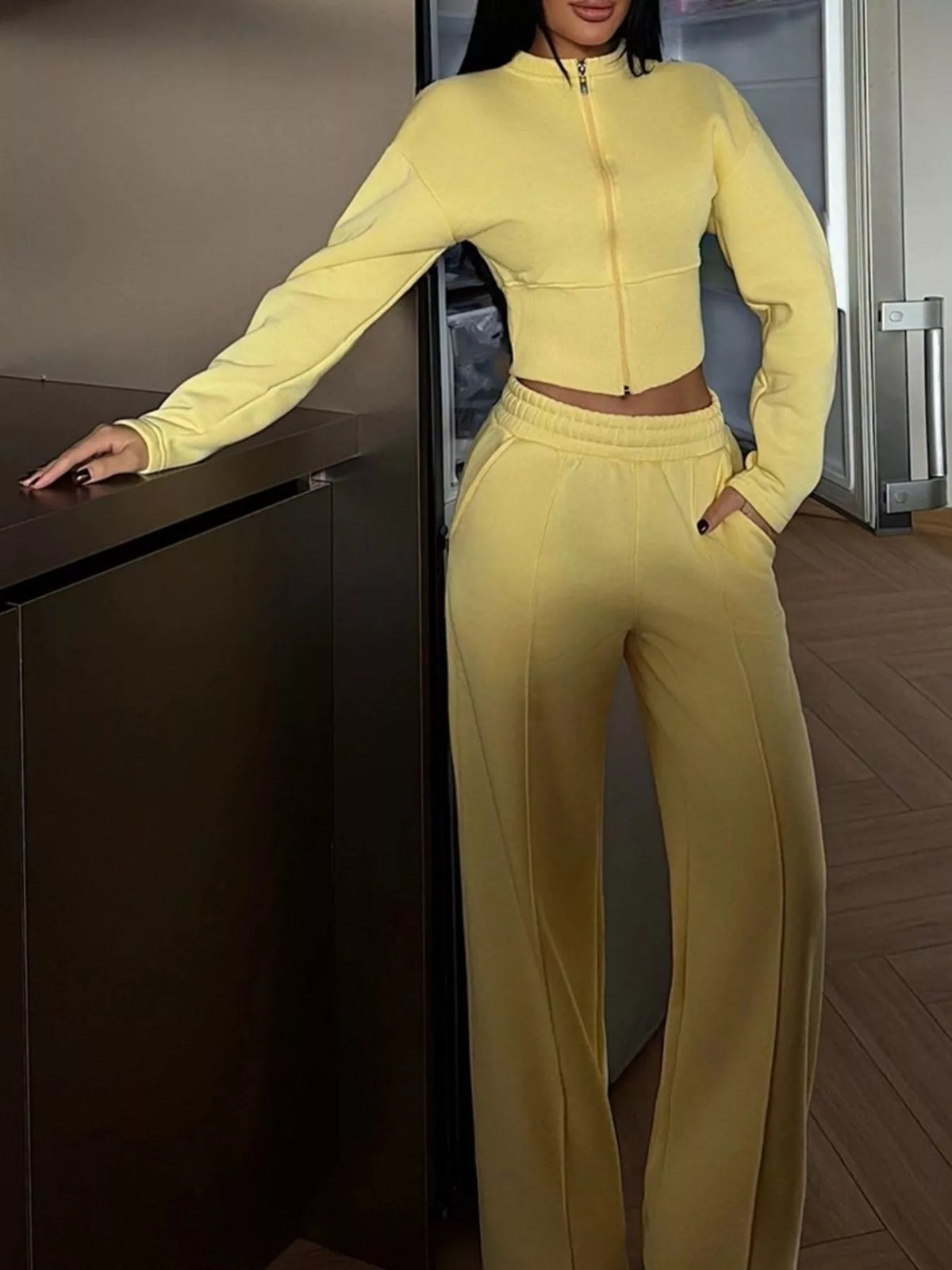 Zip-up Crop Jacket Wide-leg Pants Set (22)