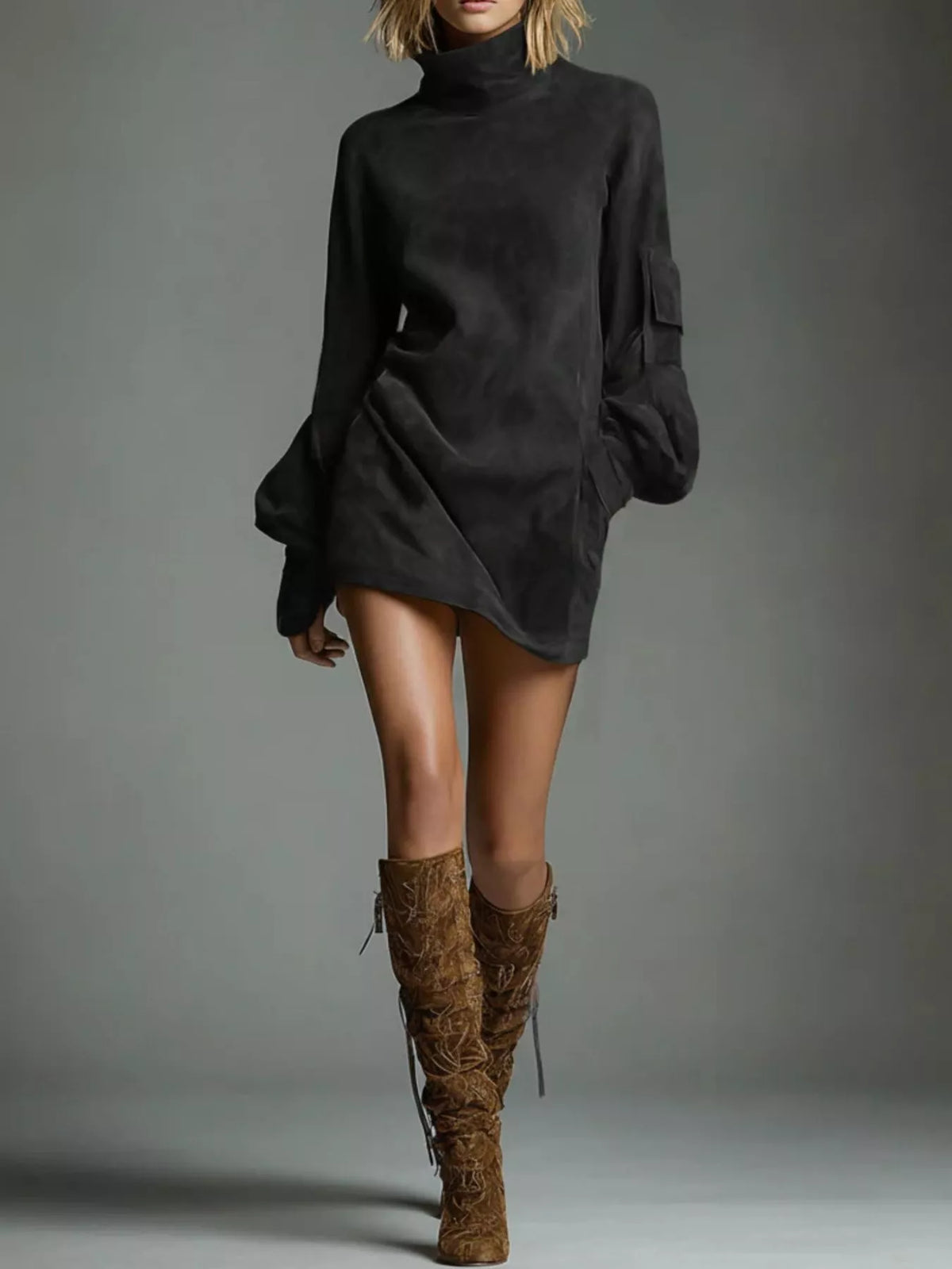 Turtleneck Lantern Sleeve Mini Dress Pockets (6)