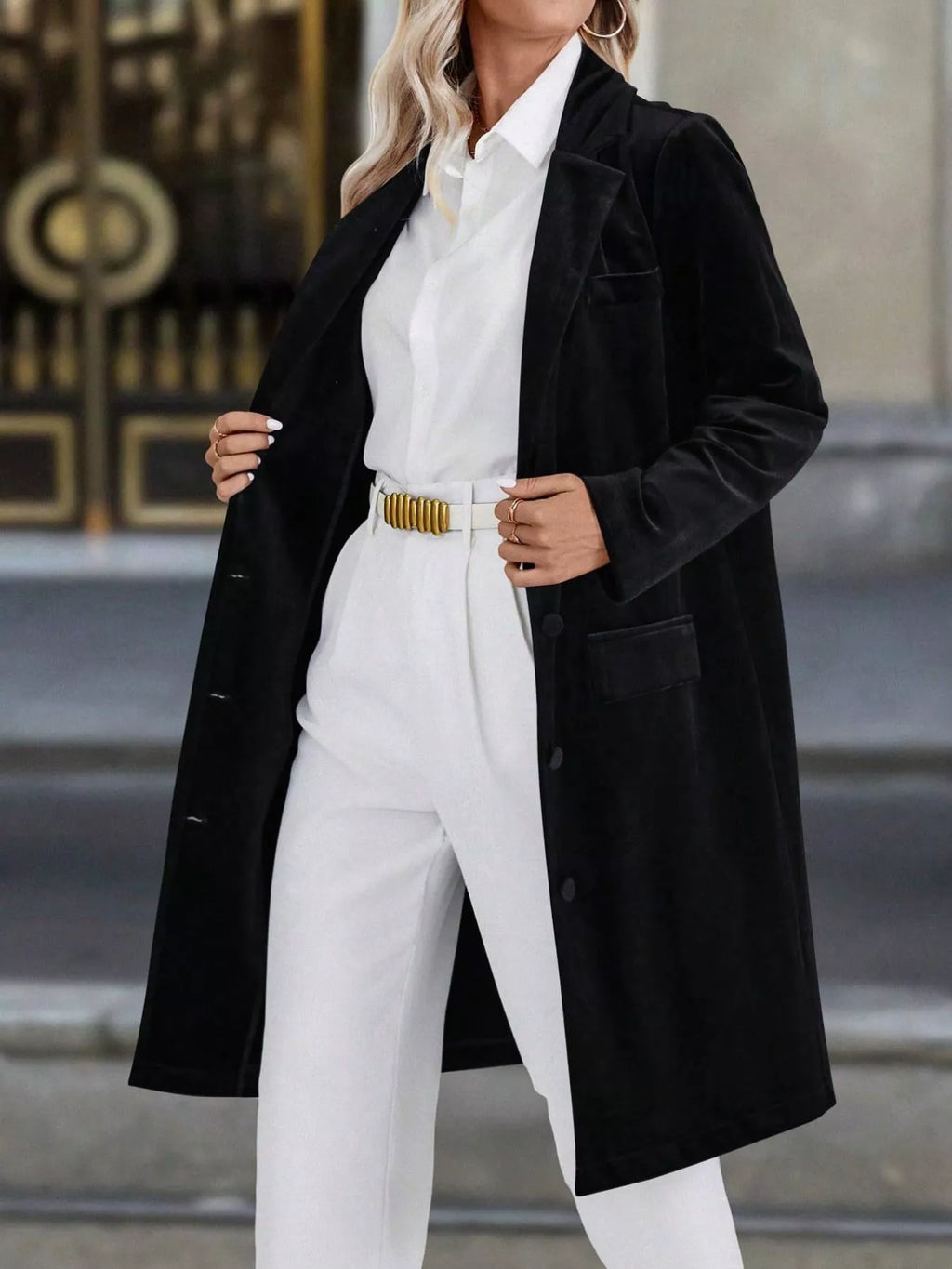 Lapel Collar Long Sleeve Longline Coat (8)