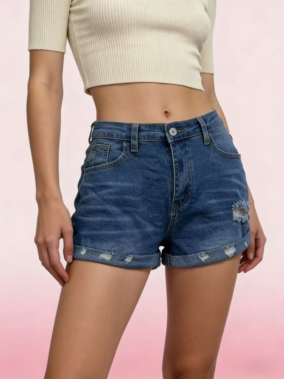Distressed Denim Roll-up Shorts (11)