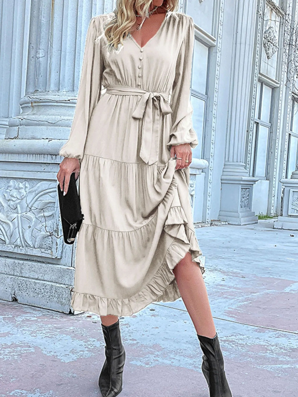 Ruffled Hem V-neck Balloon Sleeve Dress (27)