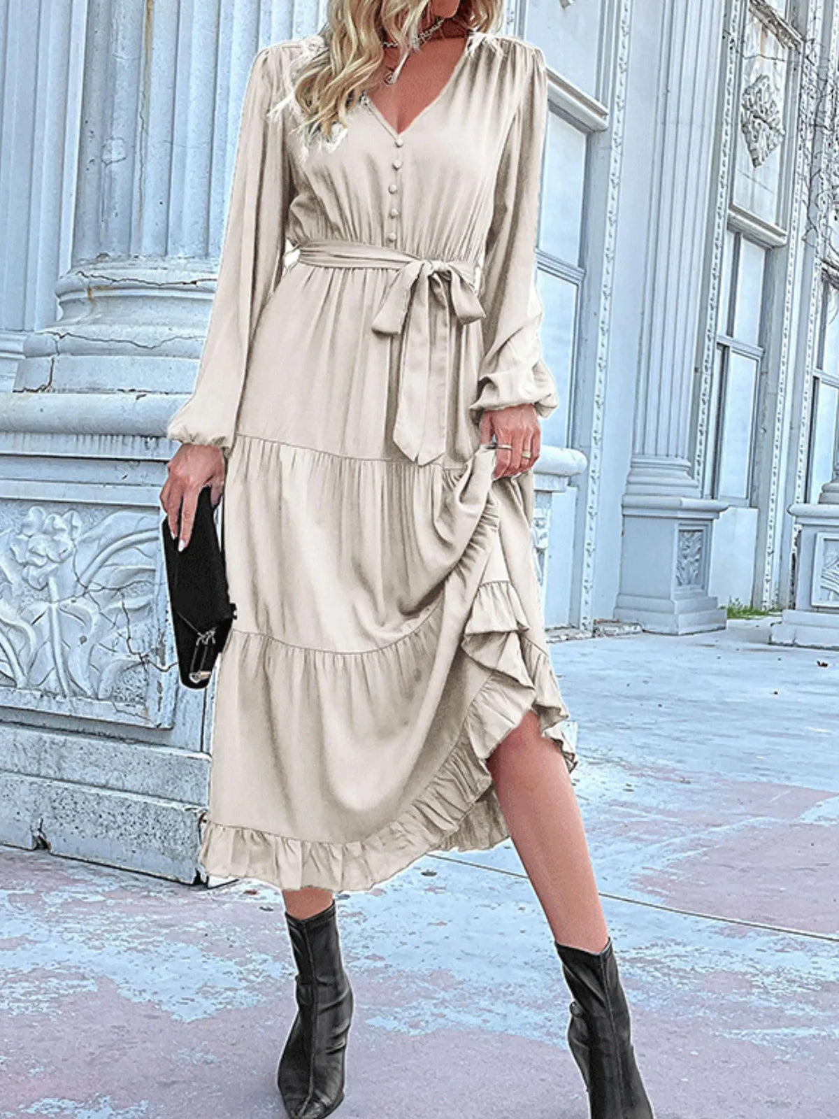 Ruffled Hem V-neck Balloon Sleeve Dress (27)