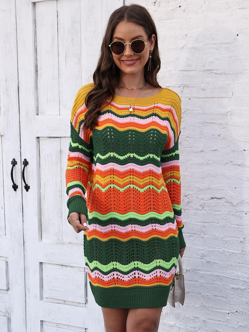 Openwork Round Neck Sweater Dress (8)
