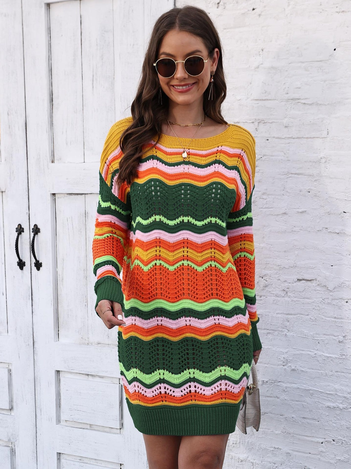 Openwork Round Neck Sweater Dress (8)