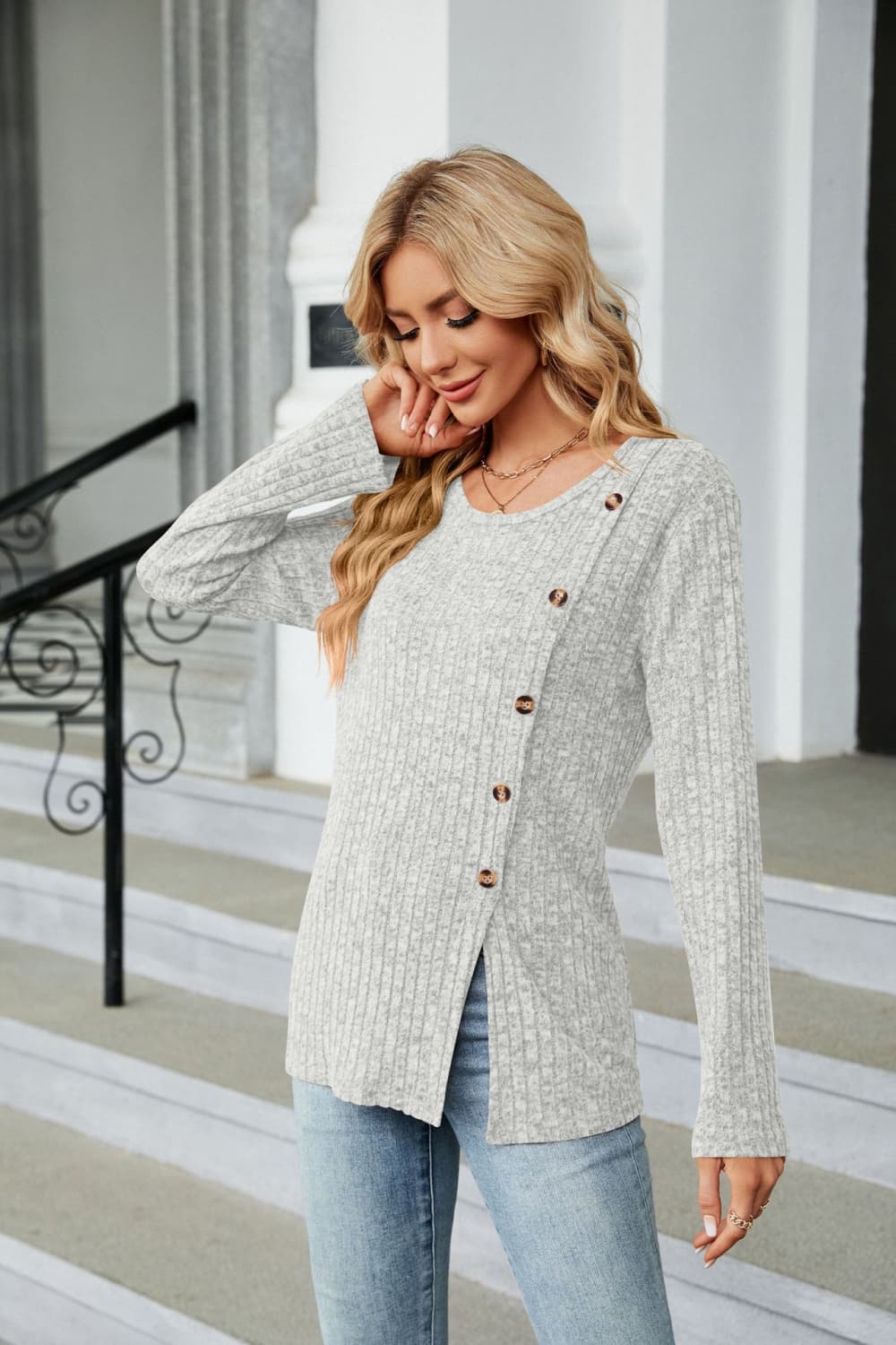 Buttoned Long Sleeve Slit Top (8)